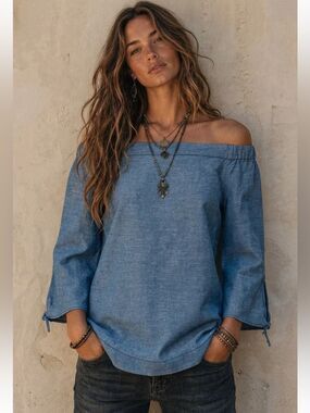 Free People Women’s Blue Off The Shoulder Boho Tunic Top Peasant Size XS